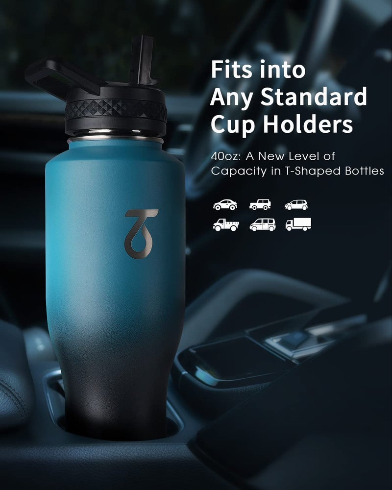Trebo 40oz Water Bottle Insulated with Lid and Straw Double Wall Vacuum Stainless Steel Metal Tumbler Flask Fit in Any Car Cup Holder with Paracord Handle Leakproof Keep Cold Hot Indigo/Black - Image 2